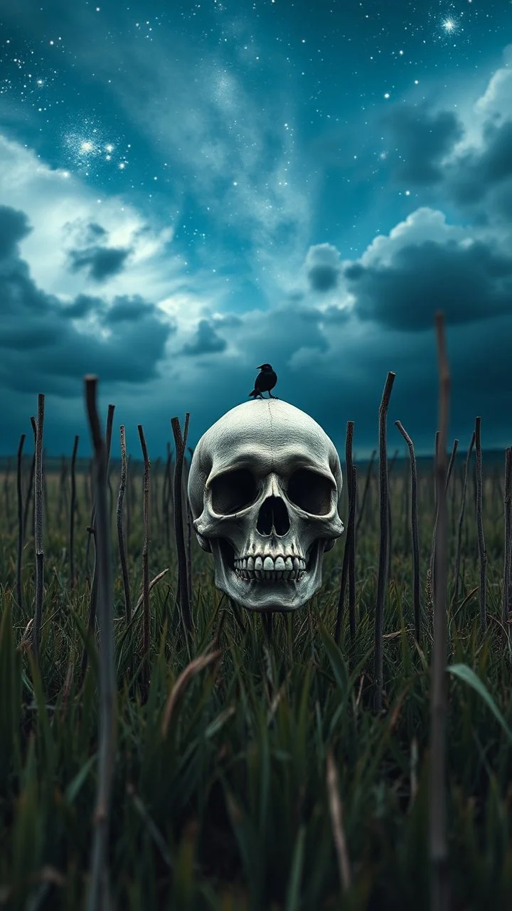 stars in the background and out of this world galaxy in a blue and gray cloud of stormy weather a many large amount of thick sticks fixed on the ground with skull put on the top of it , ultra hi quality picture with cinematic science, tragedy, a small black birds far in hovering in the horizon in the big field of grass near front view of the skull