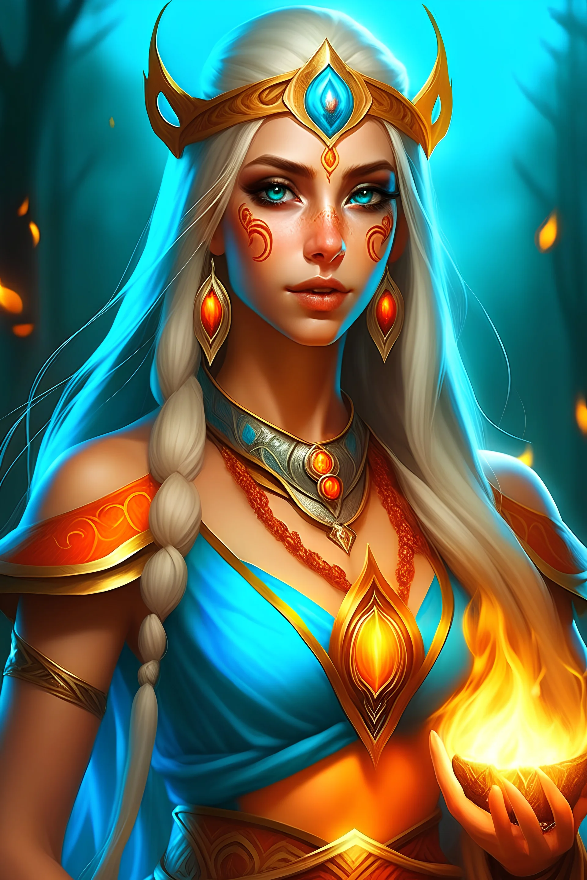 female eladrin fire druid . long light hair made from fire. Tanned skin. Eyes are Light blue