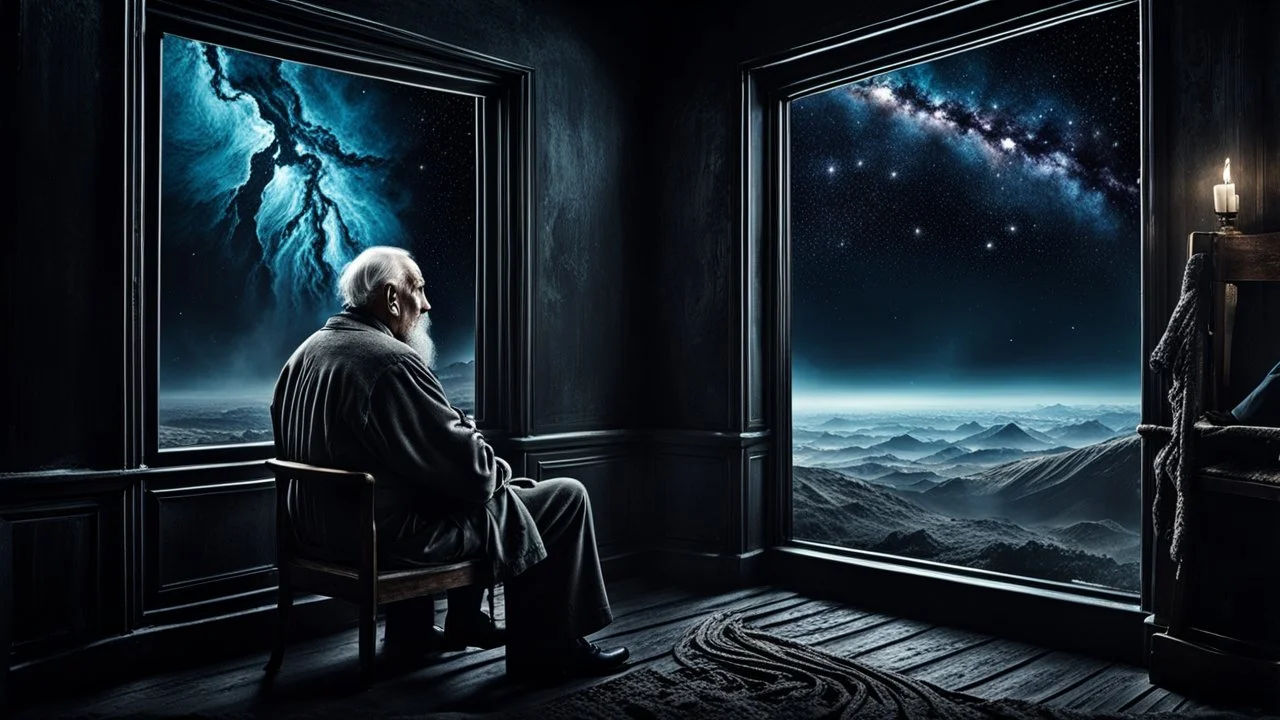 Melancholy theme picture. sometimes human stop at night and stares out into the cold space, and something hurts the heart, something big thing miss. old man sitting in old chir at home and looks into nothingness, melancholic mood, meaning of life, nebula, detailed, gloomy, and surreal vibe. dark colors, cinematic