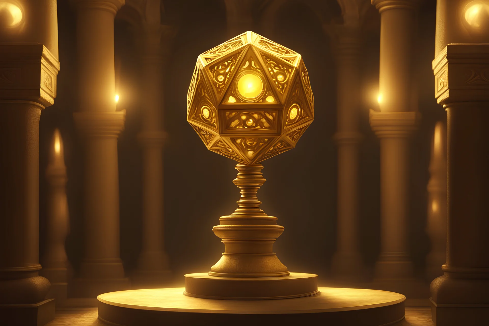 gold d20 on a pedestal with spotlight in an ancient temple fantasy art