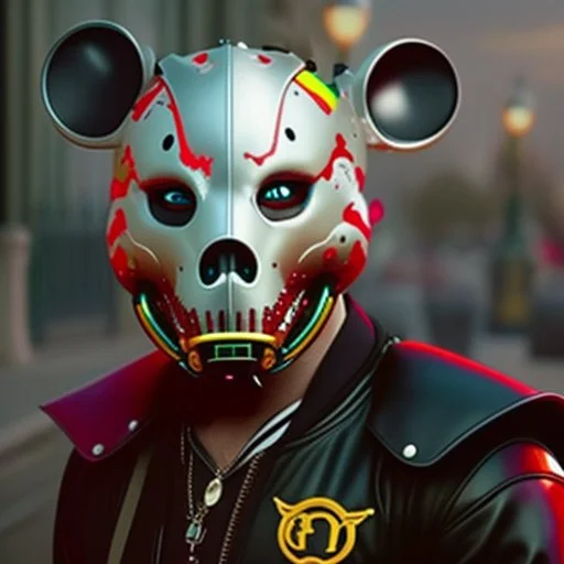 zombie mickey mouse hybrid, photorealism, movie screen capture, horror, sci-fi, retrofuturism, matching mickey mouse ears on mask