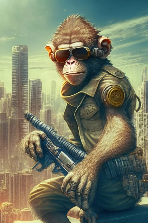 criminal monkey with a machinegun and sunglasses. Realistic image, City Background