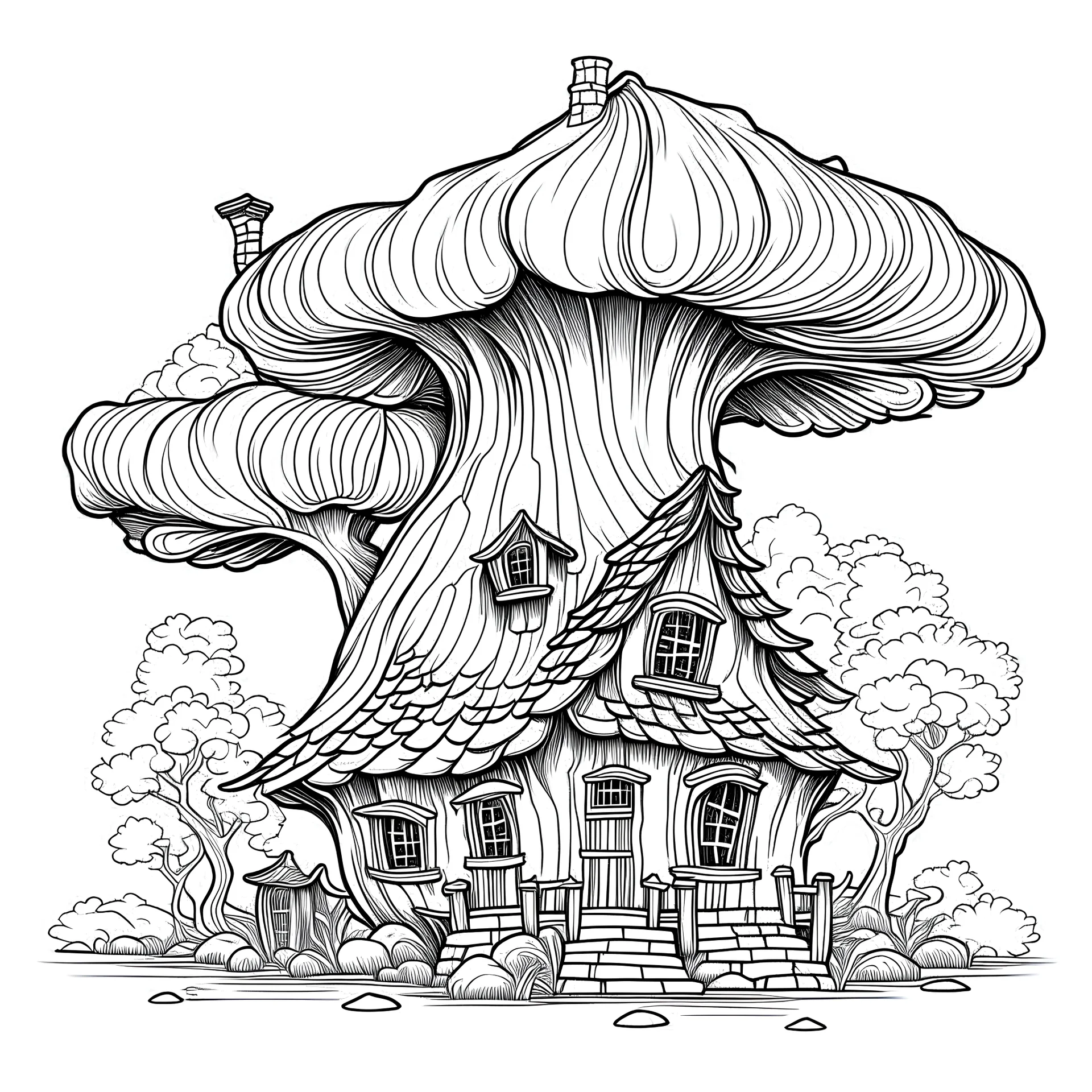 outline art for square twisted mushroom cottage old oak tree coloring page for kids, classic manga style, anime style, realistic modern cartoon style, white background, sketch style, only use outline, clean line art, no shadows, clear and well outlined