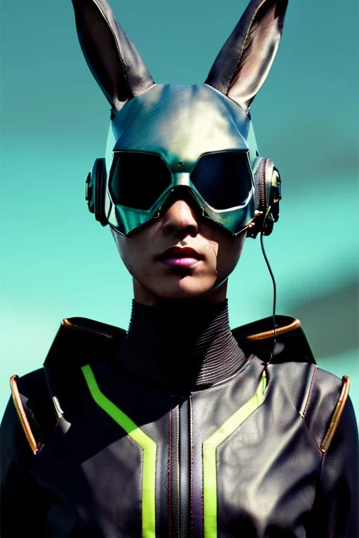 Medium Close Up Portrait, Front image. cyberpunk, rabbit mask, teenager, asian woman, cyber helmet head. Leather dress. Yellow, black, color. Mad max style. renaissance ornaments, Color background, photo studio. Front image, highly detailed, concept art, smooth, unreal engine 5, ray tracing, RTX, lumen lighting, ultra detail, volumetric lighting, 3d, finely drawn, high definition, high resolution.