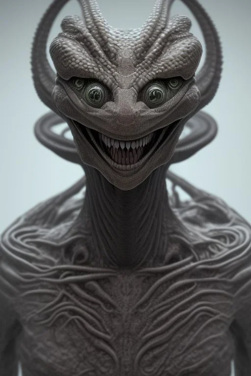 snake alien, head,8 eyes, smile, 8k, with hairs, finely detailed, photo realistic, HR Giger style