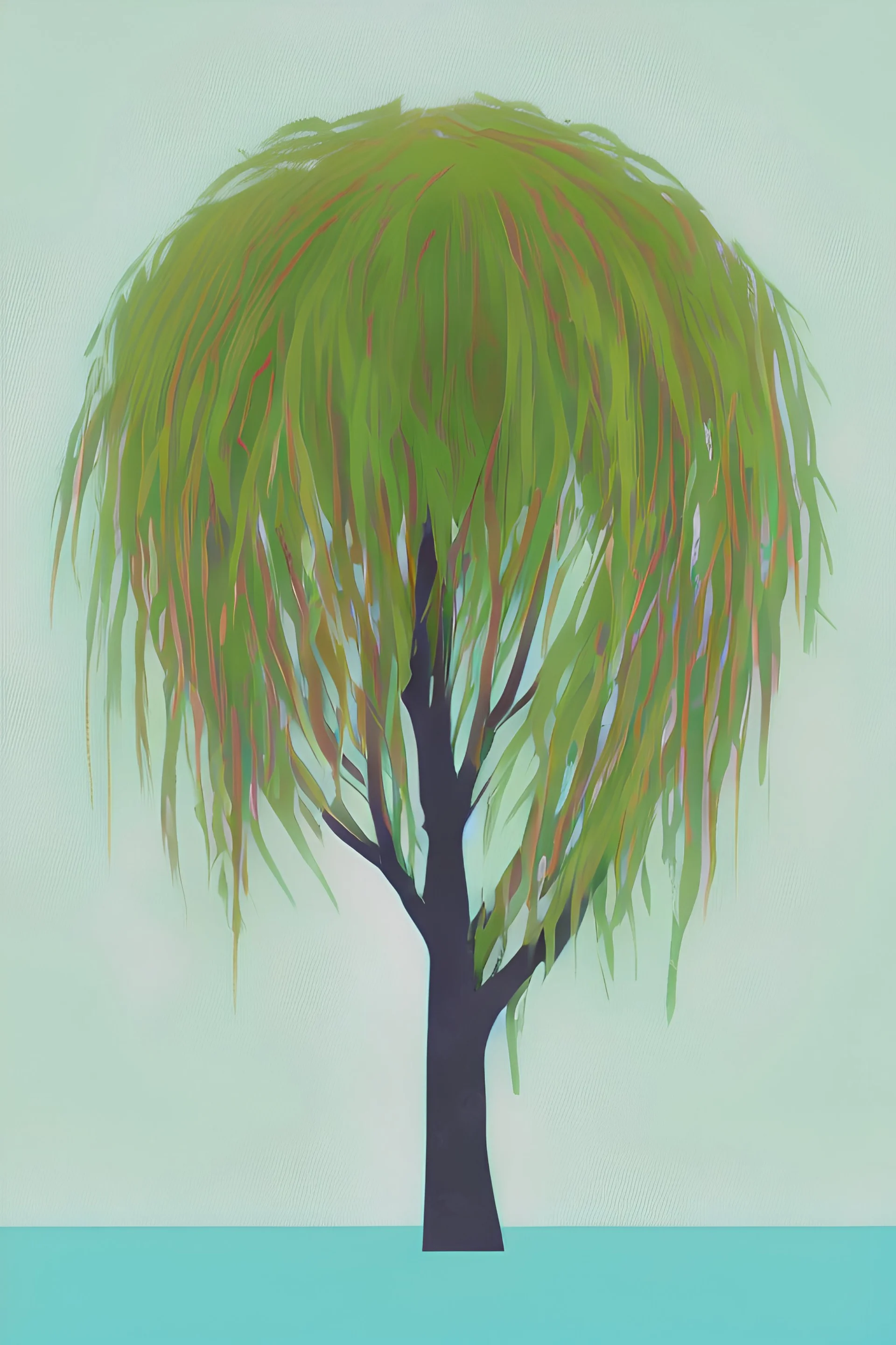 Colorful simple Logo of a pretty willow tree with long green hanging branches, standing outside a square window with an arch, emphasize the window and arch, serene tranquil background with a body of water.