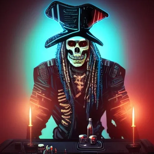 a cyberpunk hacker pirate captain skeleton holding beer with a pirate hat sitting in front of a huge old crt monitor in a dark room , only light coming from crt monitor, highly detailed, intricate, digital art, trending on artstation, trending on cgsociety, by greg rutkowski