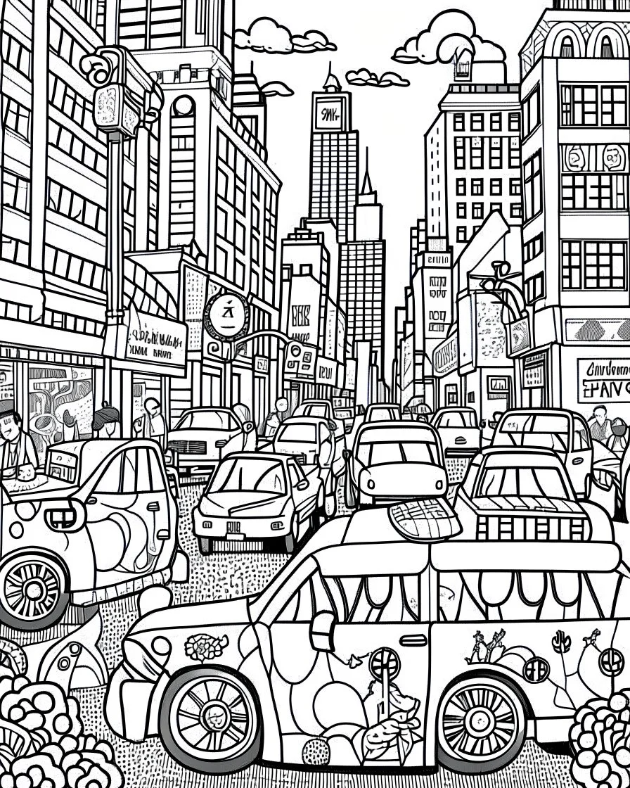 Craft an appealing black and white coloring page inspired by the iconic yellow taxis, skillfully depicting them weaving through the lively streets of Manhattan. Remove the black background to create a delightful coloring experience suitable for both kids and adults.