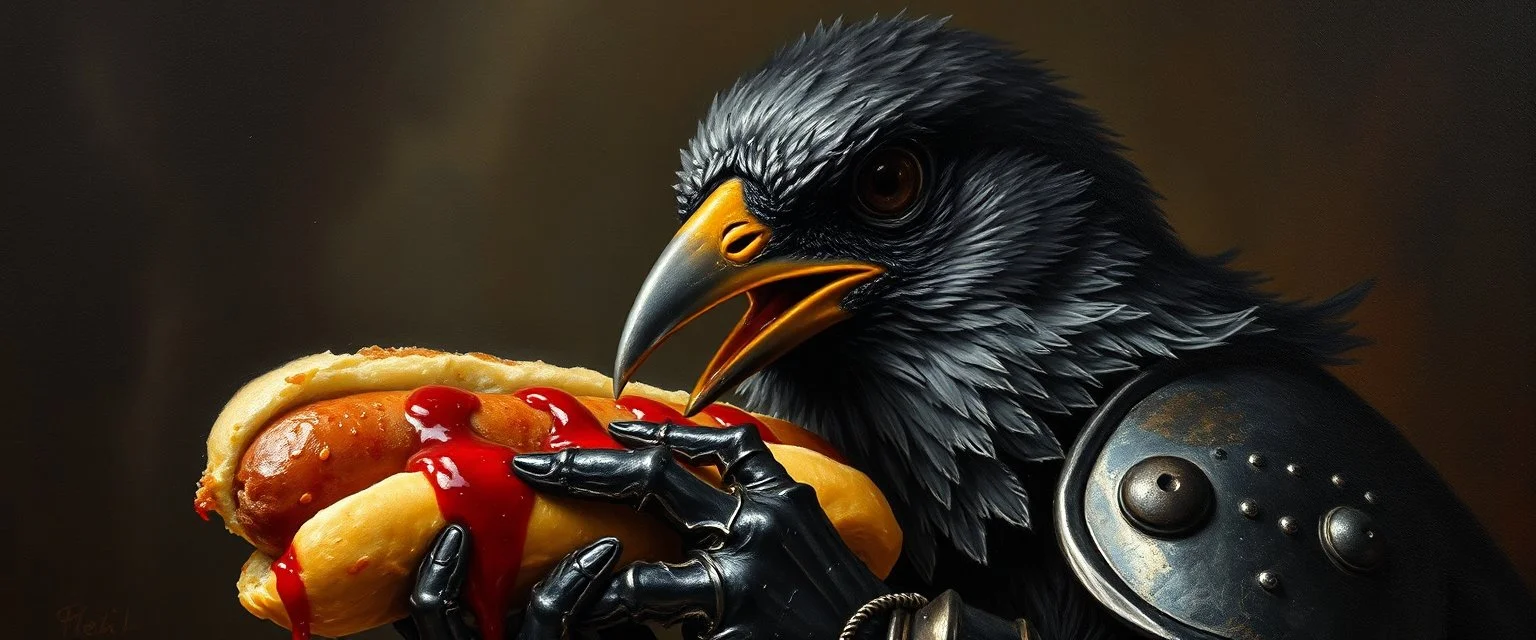 master oil painting by Rembrandt, good afternoon bitch scary blood sparrow, the most dreaded sparrow, close up, in dark blood bath, blood dripping, evil big eyes, scary shining armor with a whole for his beak, like a count, he is eating a hot dog with a bunch on dark knights and watching the news