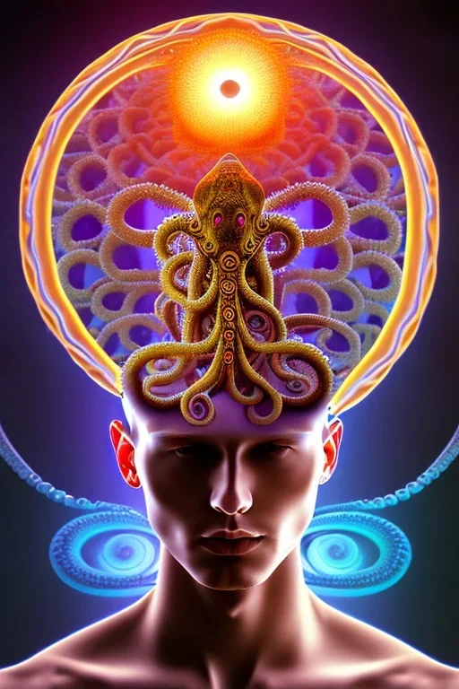 Spiritual being with Tentacles over human Head creating reality around, wrapping Spiral around people, Psychedelic