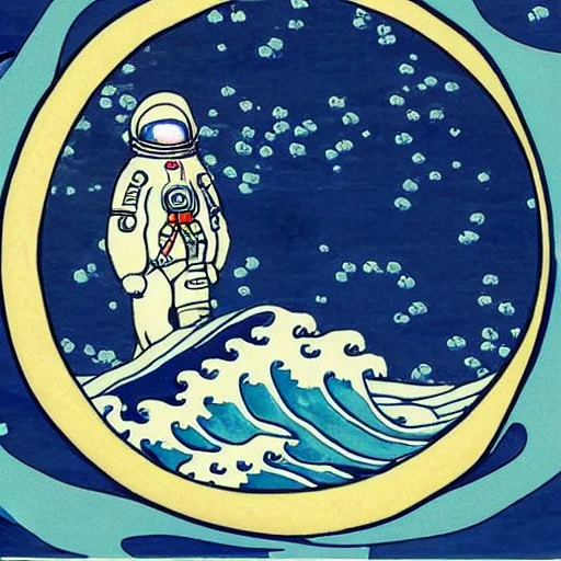 An astronaut floating in space surrounded by a halo of glowing jellyfish, done in the style of Hokusai's The Great Wave off Kanagawa