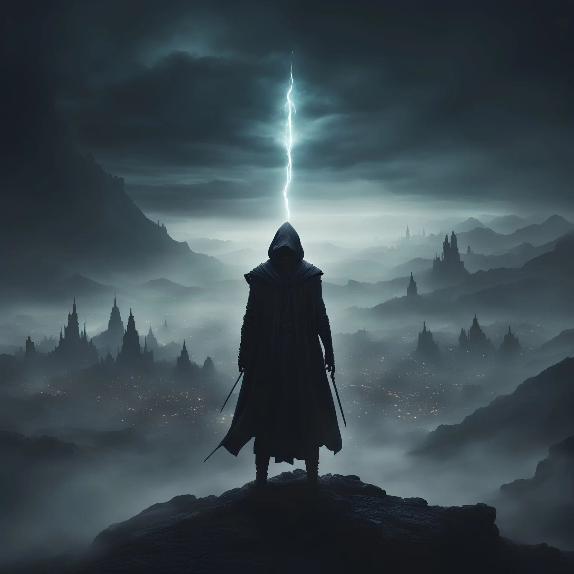 Dark oriental Sinister alien landscape. A city in the distance. Dark mist. Dark hooded Man with The powers of a god holding a glowing wand to the sky.