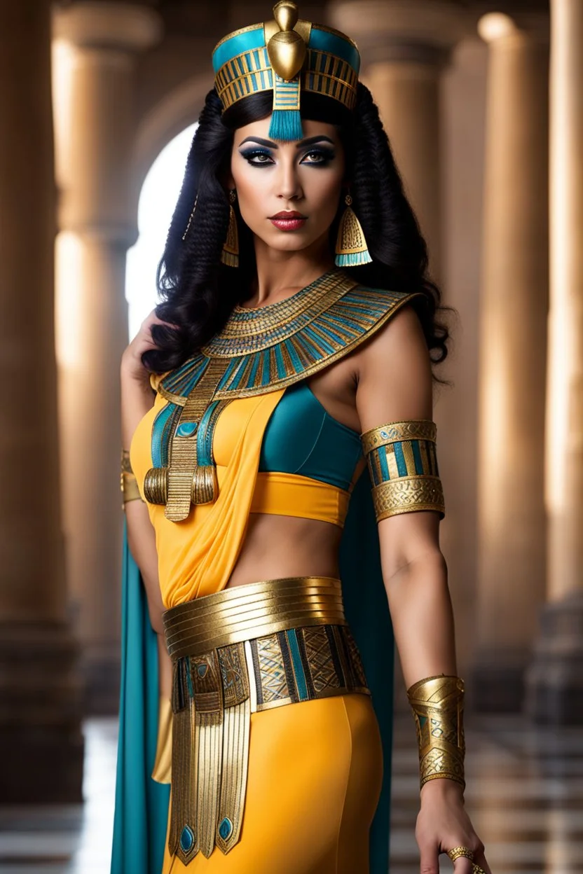 full body Cleopatra, pharaoh makeup, full body shot, written by Orcinus Orca, Ultra detail face in anceiant egipth palace