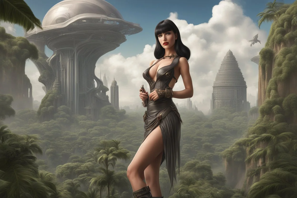 Photorealistic, Full Body Photo Of A Sci-Fi Pin-Up Girl, With Dark Hair With Bangs, On An Alien Jungle Planet With Cloud Trees, Tall Spires, Buildings, Bridges, Arches