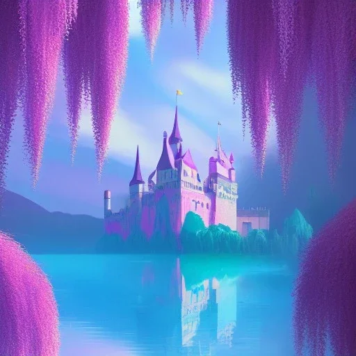 a pink castle, magical crystal pink castel, vertical light, pink and blue wisteria , pink vertical, blue lake,sharp, background vertical blue gradient vertical, elegant, highly detailed, artstation, concept art, smooth, sharp focus, illustration, 8k, splash art, wallpaper, key visual