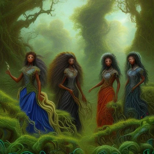 Painting .the faces of 5 young black women. Young women sitting wood nymphs emerging from the forest. THeir hair looks like vines. Dreadlocs. Their skin is the colour of dark soil. their skin looks like tree bark. Their clothing is made of vines, grass and leaves.