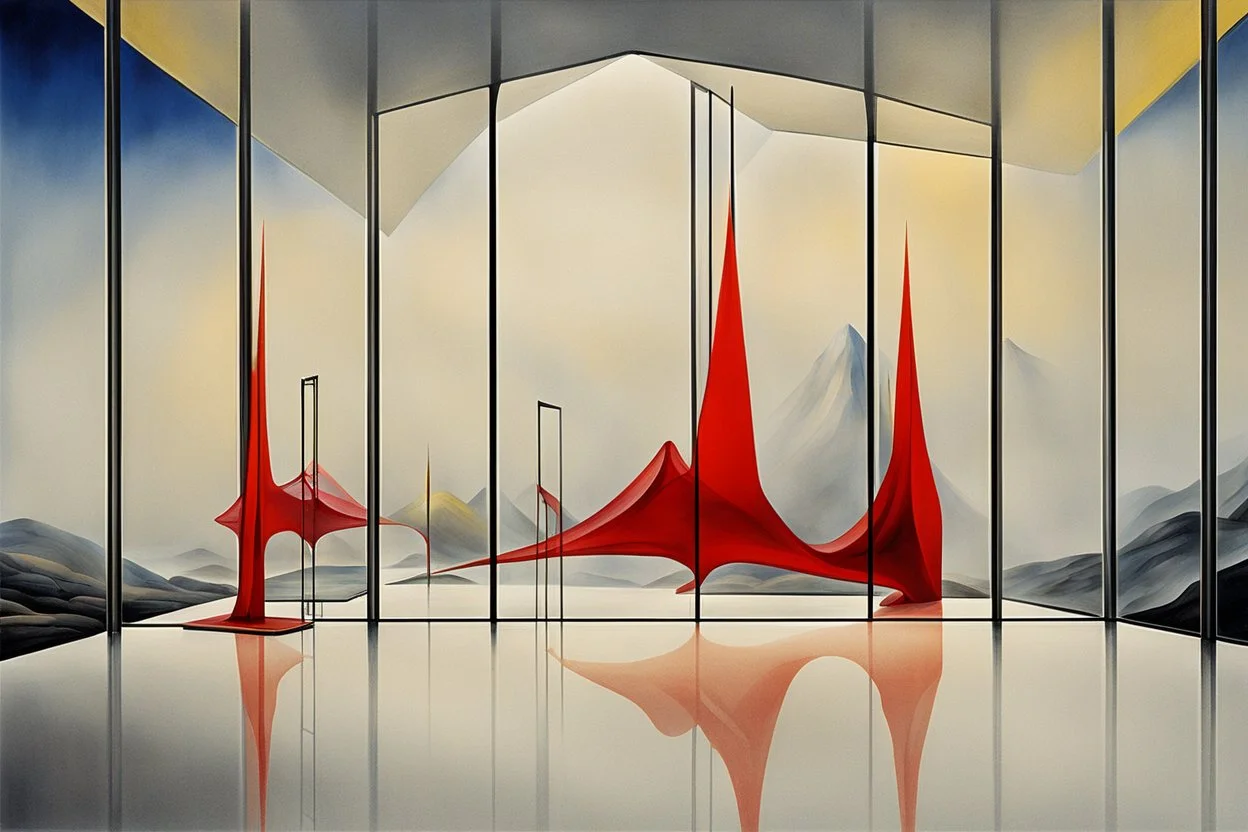 a surreal open glass gate in a glass wall with a view of a desolate landscape, fog, storm, strong contrasts, by artist "Leonora Carrington",by artist "Zaha Hadid",These colors are bold, vibrant, and intense, including shades of primary colors such as red, blue, and yellow.