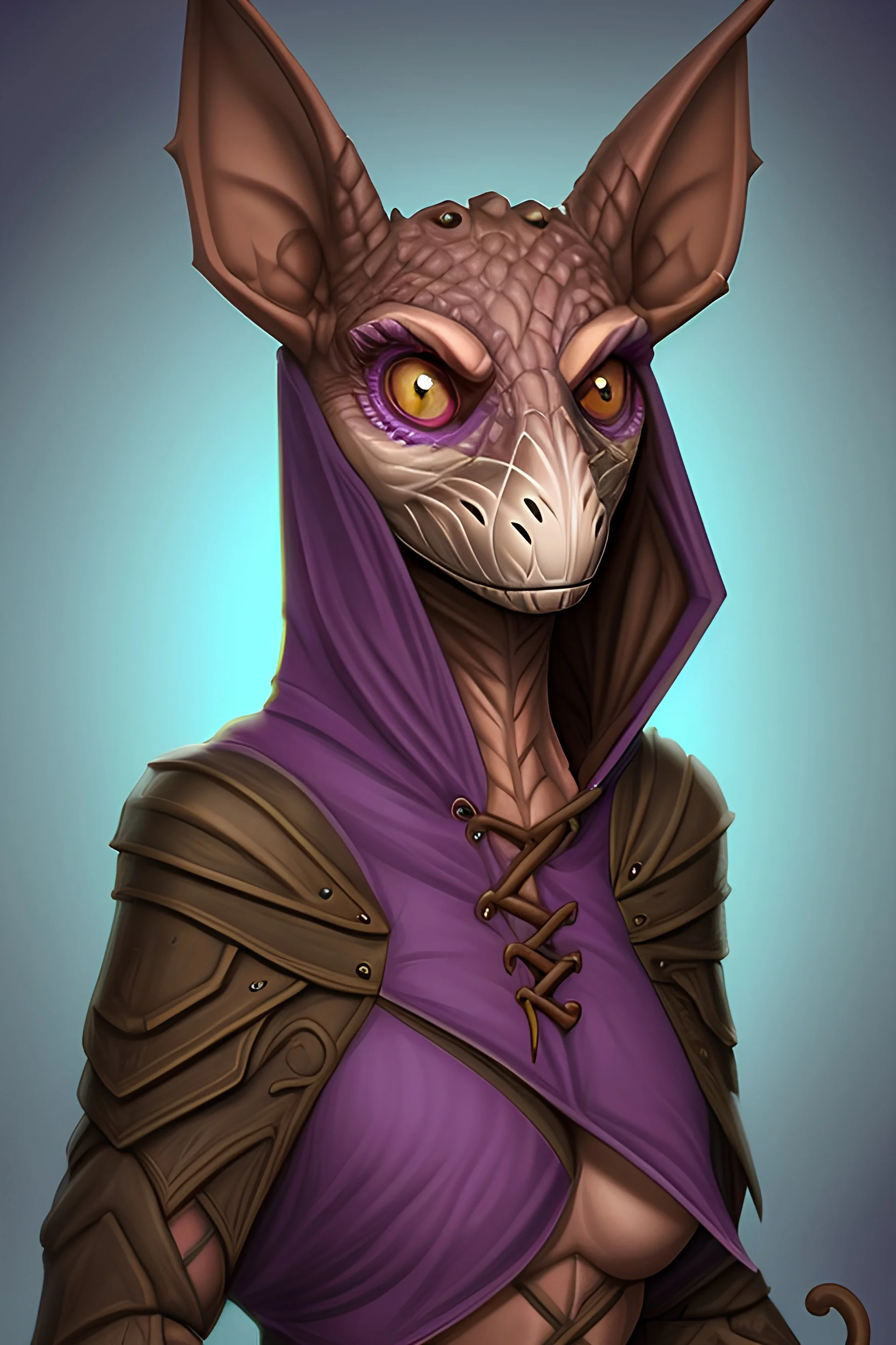 An umber colored female kobold rogue with purple eyes wearing a hood & holding two daggers