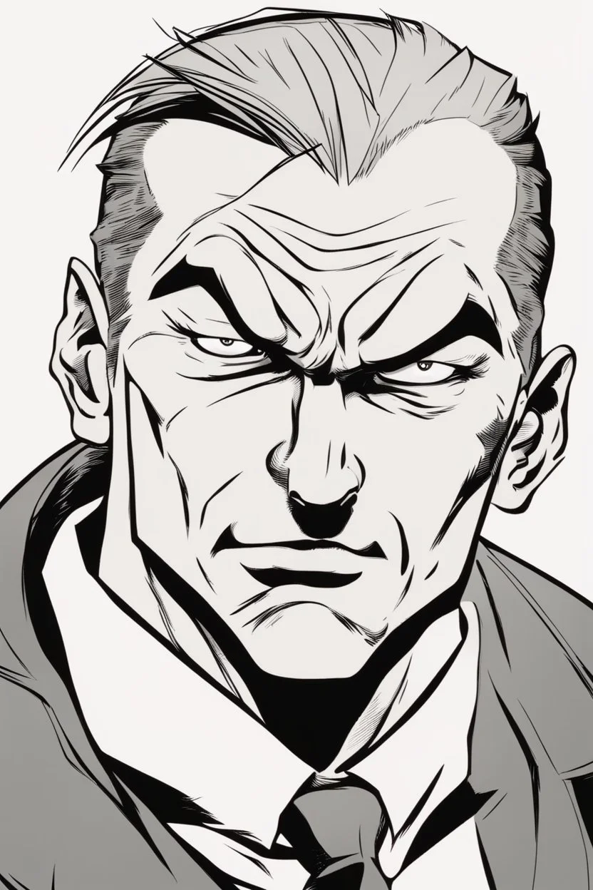 deranged man with slicked back hair, stubble and a judgmental look on his face comic book style