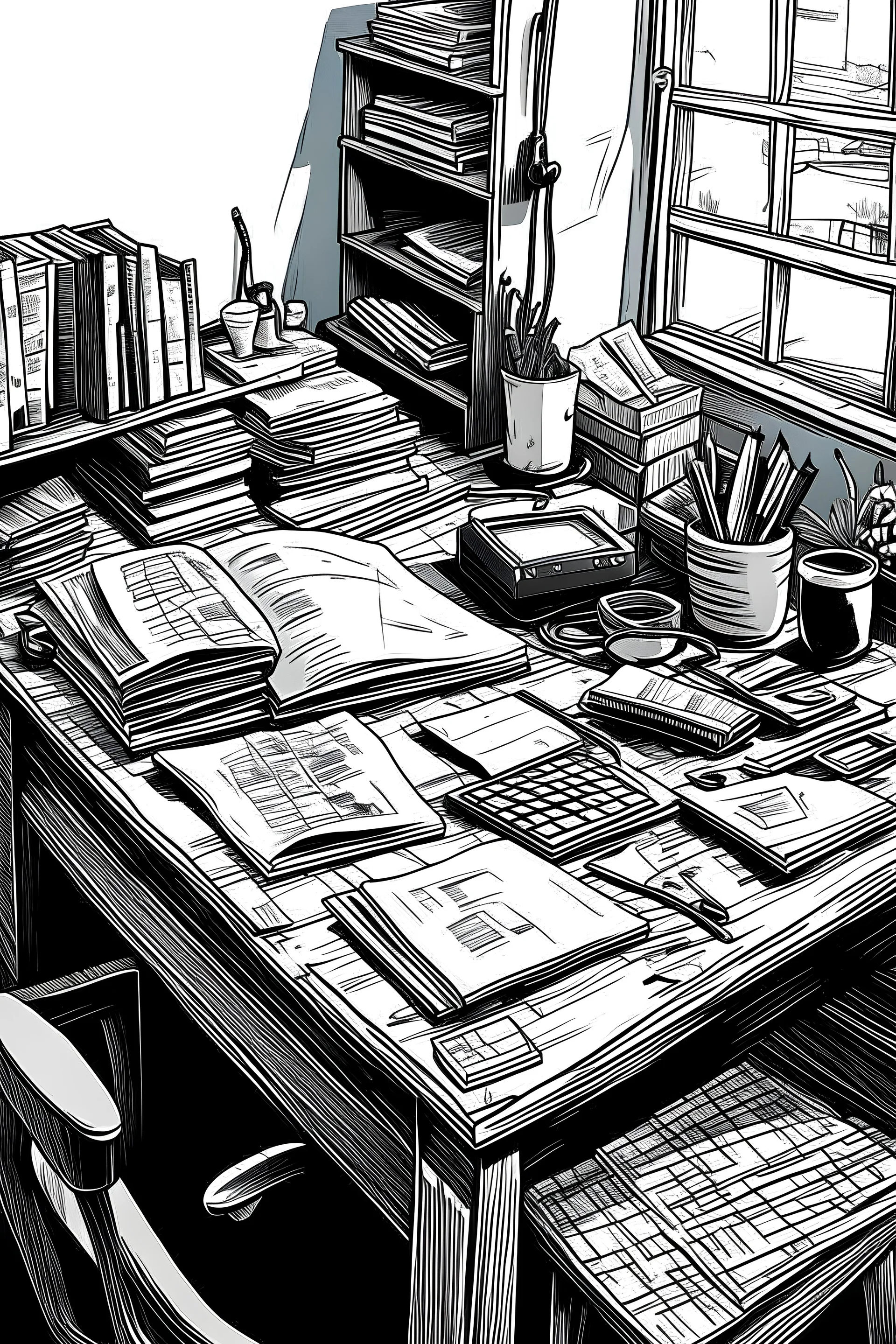 desk black and white book illustration