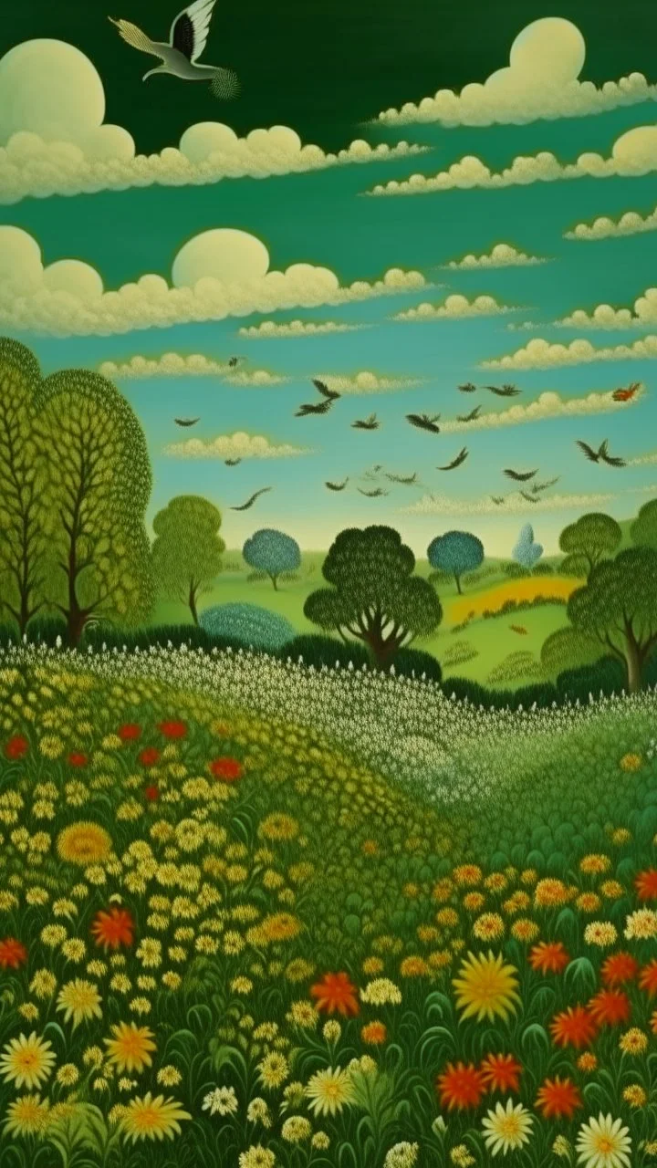 A green plain filled with flowers and birds in the sky hedges painted by Henri Rousseau