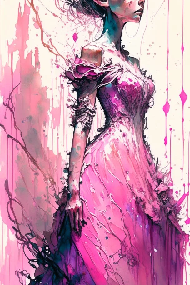 a beautiful bride in pink dress,Watercolor: brush strokes: ink drip: ink spots: by Android Jones: By Ismail Inceoglu and Jean Baptiste mongue: James Jean: Erin Hanson: Dan Mumford: professional photography, natural lighting, volumetric lighting maximalist photoillustration 8k resolution concept art intricately detailed, complex, elegant, expansive, fantastical