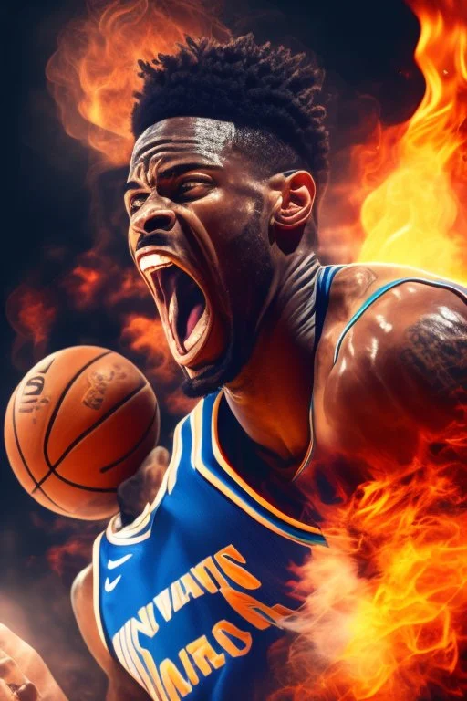 8k, highly realistic and detailed image of a NBA basketball player in action dunking the ball in the net, sweaty hair, screaming look,action and smoke and flames background