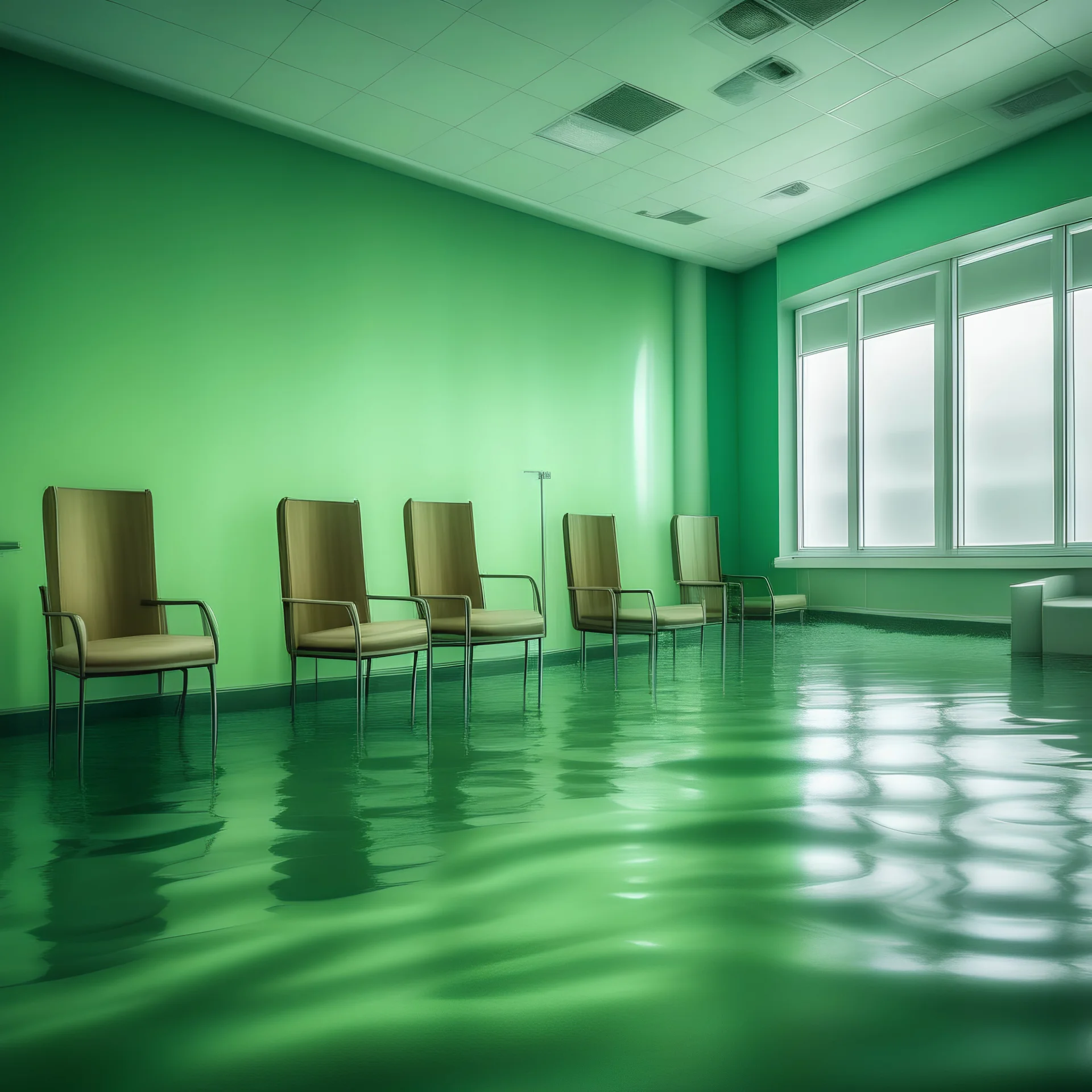 Salle d'attente, hôpital, chaises vert es pastel, et bois, sous l'eau
