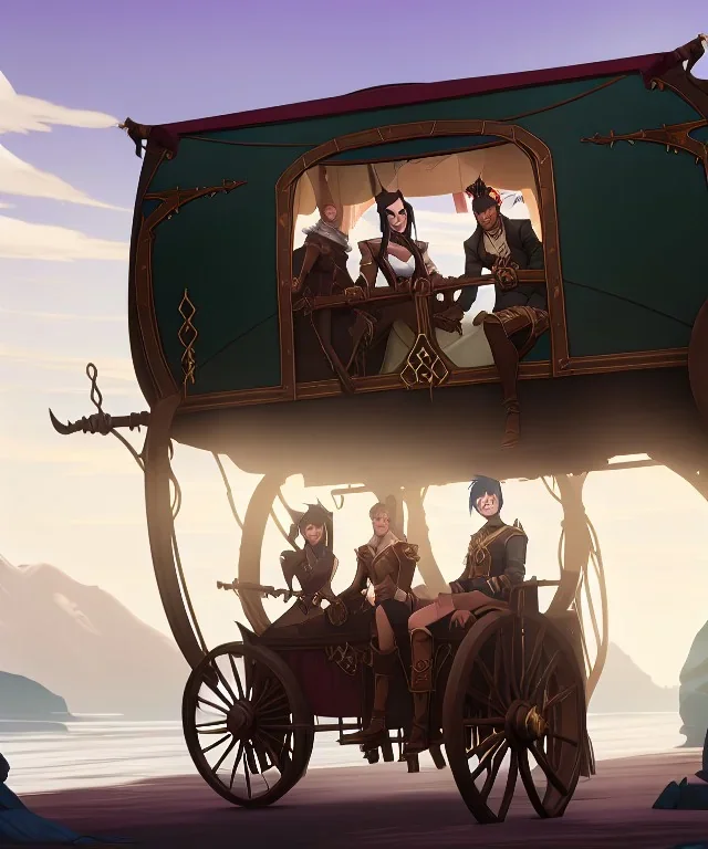 Fantasy Adventurers inside a traveling caravan, horse carriage