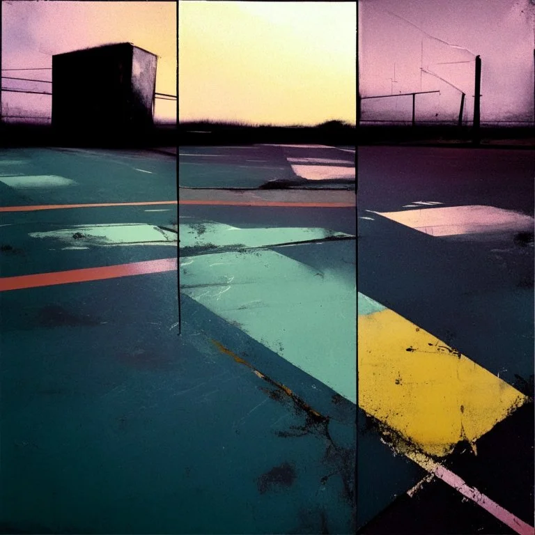 Minimal contemporary abstract oil paintings desolate 1960s carpark concrete fragments at dusk. In the style of Justin Mortimer and Francis Bacon. road markings.