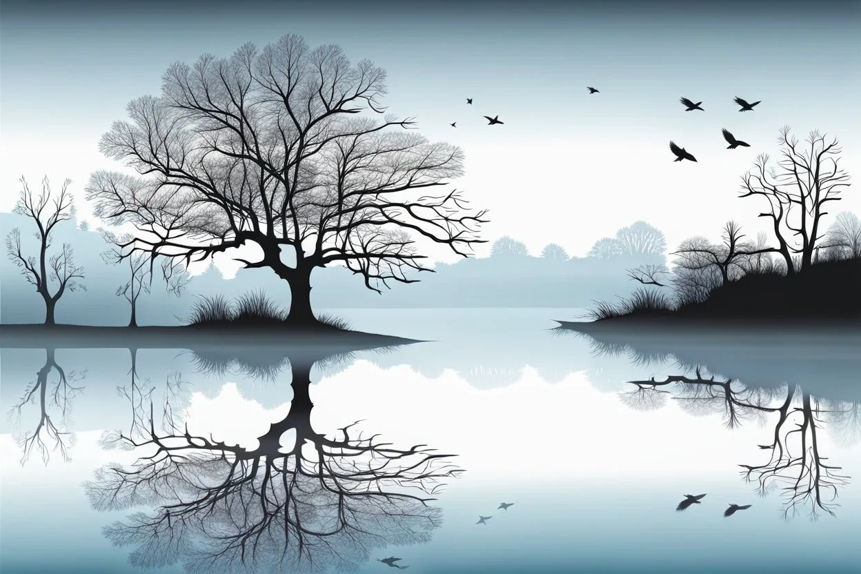 Illustration of a lonely dark tree with barren branches stands on a water's edge, reflected in the water, fog, crows on the sky, mystical landscape, sinister mood, line art