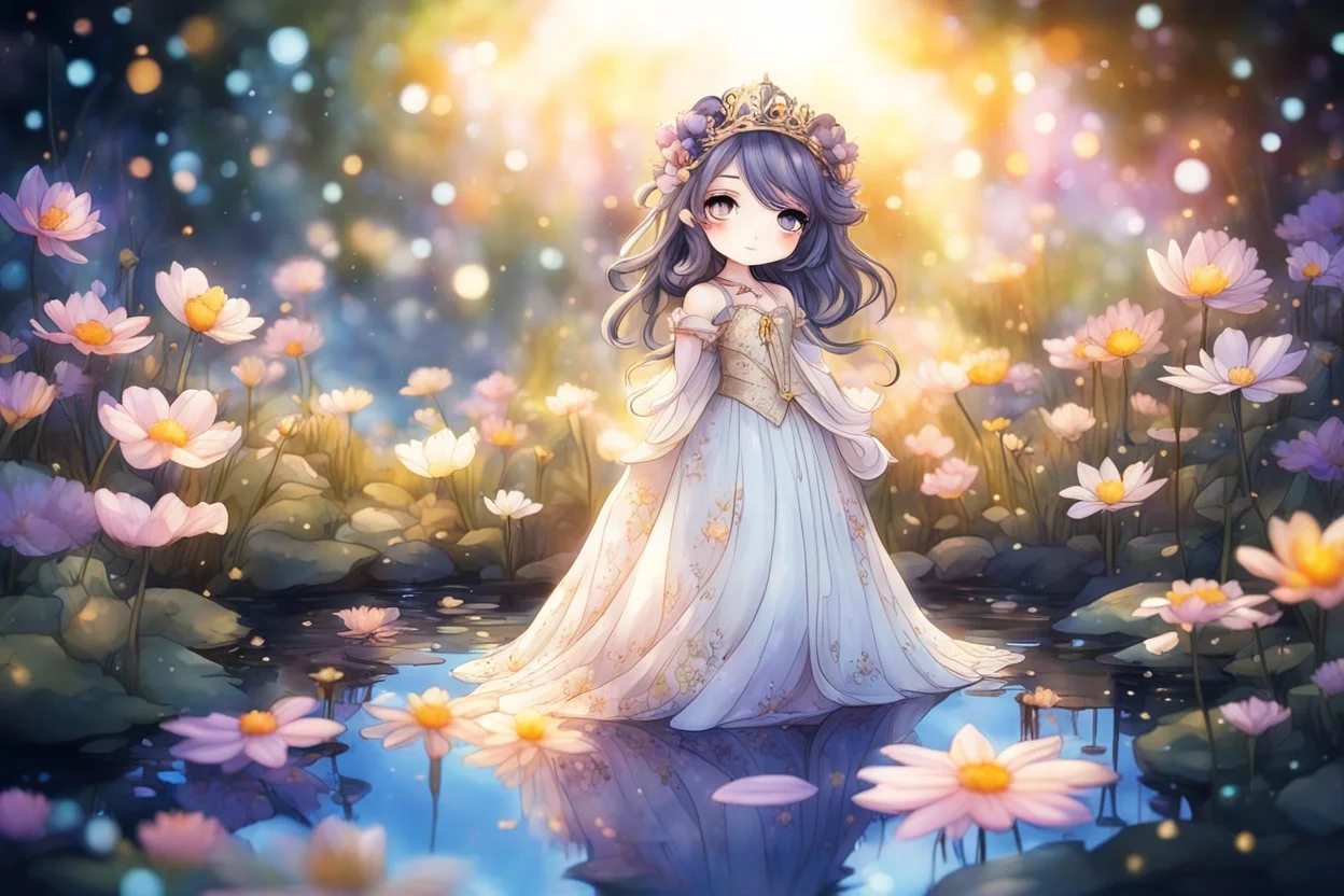 black light art, cute chibi anime silk princess in a flowergarden with beautiful flowers, pond, in sunshine, watercolor and black in outlines, golden glitter, ethereal, cinematic postprocessing, bokeh, dof