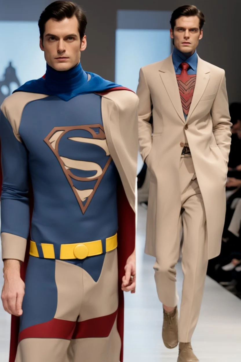 Superman on a winter fashion runway with moderna clothes inspired by Superman style, embroidery elegante fashion beige tones