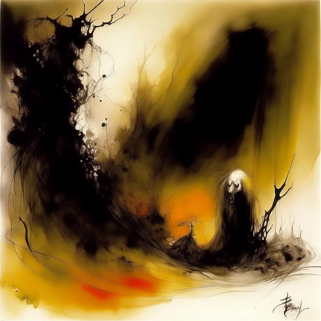 Liminal Abominations, by Stephen Gammell and Gerald Scarfe and VS Gaitonde, warm colors, stylish and unsettling abstract horror art, vestiges of horror, diagonal composition, album art, dot and dash vertical textures, dark shines war, complex contrast, N(t)=N0​⋅e−kt