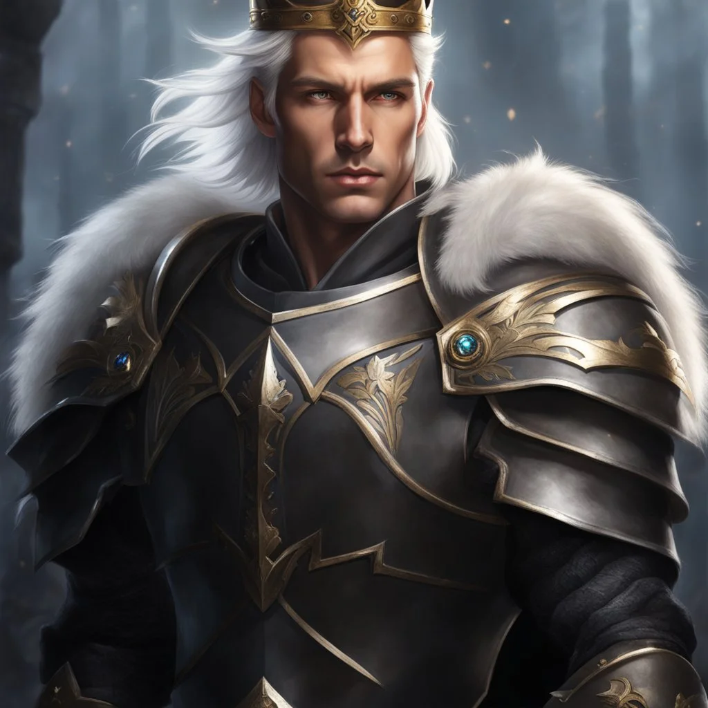 Male Tan Human, White Hair, Handsome Face, Wearing A Magical Crown, Black Heavy Armour, Dark colours theme, Very Dark Background, Paladin Greatsword Strapped to his Back