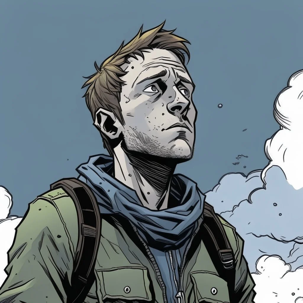 man, ethan hawk, looking at the sky, looking serious, comic book, post-apocalypse, grey background, illustration,