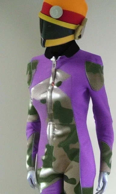 Camouflage colors are terracotta, cream and purple, lilac and Cream latex! European daft punk woman. Mantle is sewed of recycled Denim and sewed together of recycled polymer felt. Yellow(Munsell) areas. hint of orange as effect color!!Big bright purple/khaki felt tippet and cream or blue or lilac colored-hood. mantle is merged with satchel. . AKG-style headphones (gold rings!) is merged with small felt cap with small visor. Style: Haute Couture in 1998