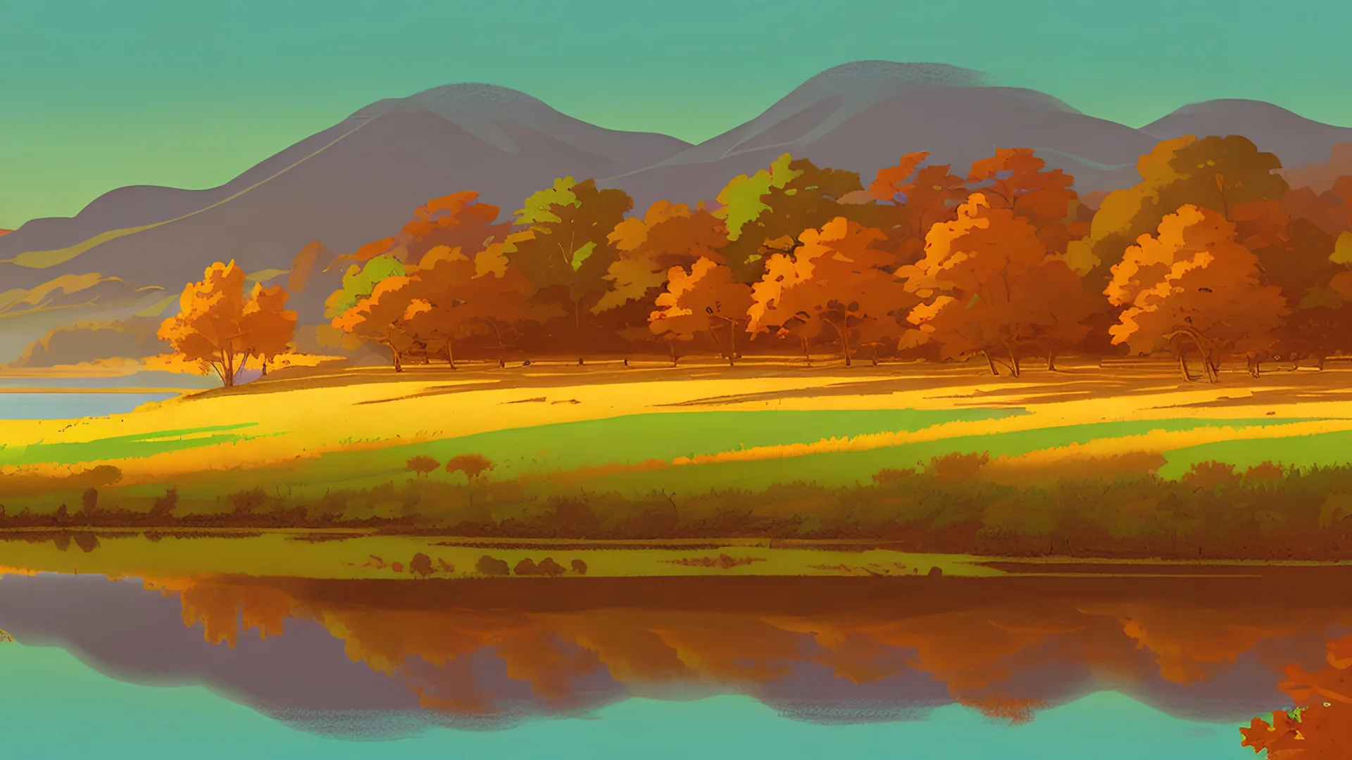 A serene autumn landscape with a reflective lake surrounded by trees with colorful fall foliage, in the style of the 2d Vector Hudson River School, capturing the romantic essence and fine details.