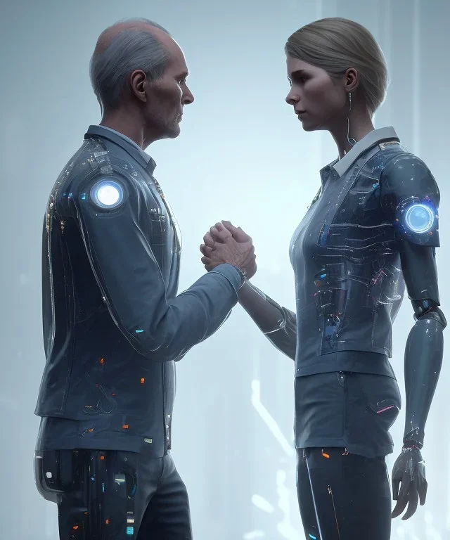 detroit become human, two people looking at each other, real Handshake 10 fingers , sci-fi fantasy style, volumetric lighting, particales,highly detailed,cinamatic, deep colours,8k.