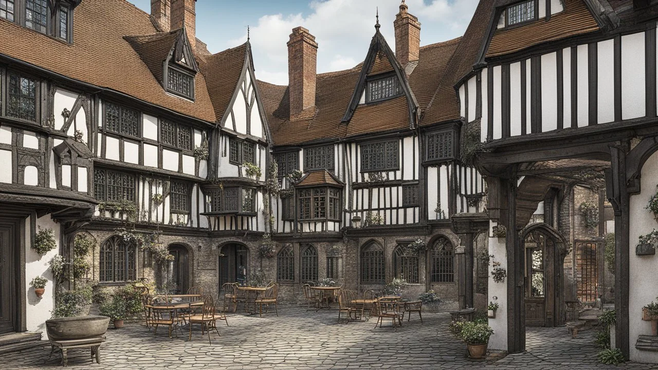 A Paved Courtyard, With Tudor Gothic Houses, Tall twisted Chimneys, twisted Roofs, People, Shops,