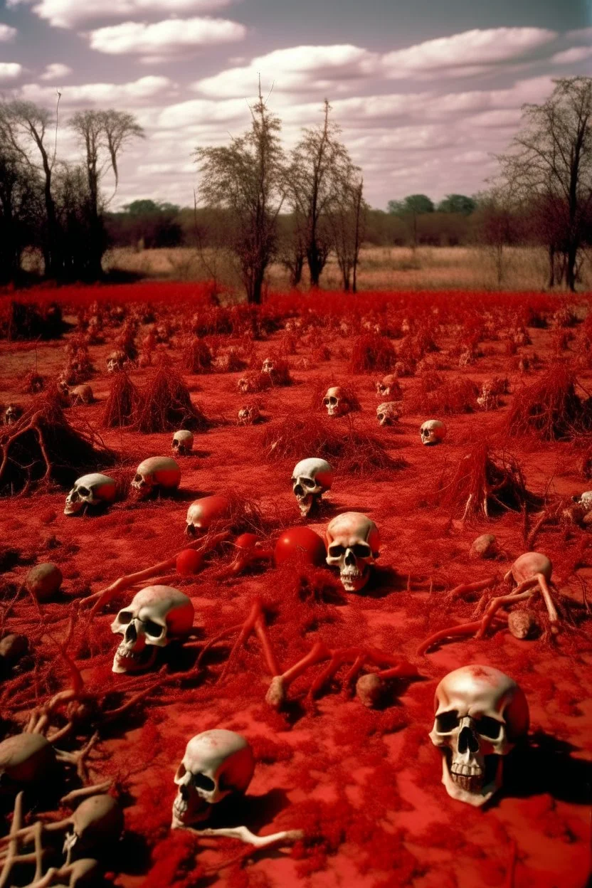 A red wasteland covered in bones painted by Andy Warhol