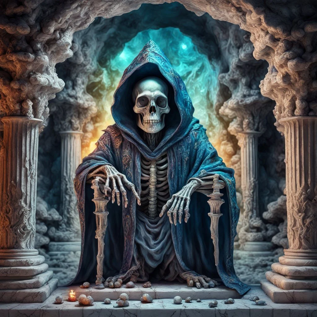 hooded skeleton arch wizard made of marble and glass, covered in ink, greek pillars, mystical cave with glowging mushrooms, lap with potions, professional Photography, Fantasy Background, Intricate Patterns, Ultra Detailed, Luminous, Radiance, beautiful, high contrast, vibrant colors, Ultra Realism, Complex Details, Intricate Details, 16k, HDR, High Quality, Trending On Artstation, Sharp Focus, Studio Photo,