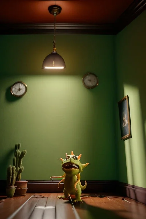 Room scene with a yellow big moppet monster, realistic photo, Wes Anderson style, concept art, smooth, unreal engine 5, god lights, ray tracing, RTX, lumen lighting, ultra detail, volumetric lighting, 3d.