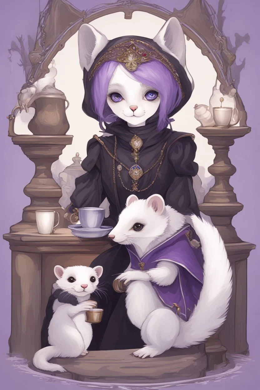 (anthropomorphic white ferret girl),dressed in cleric black and purple clothes with silver holy ornaments, realistic anatomy, fantasy tavern on background, mage and holy symbols around, serious face, hold cup of coffe, tired