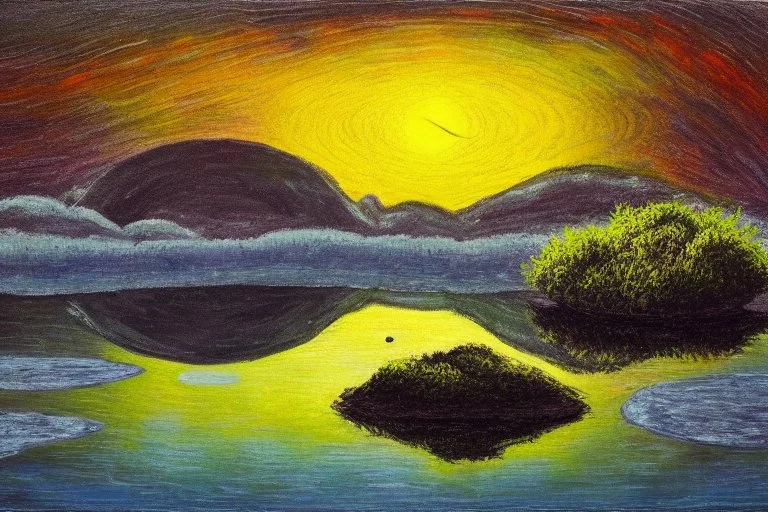 Alien landscape with one grey exoplanet in the horizon, pond, water reflection, rocky landscape, sci-fi, tendency to impressionism, realistic painting