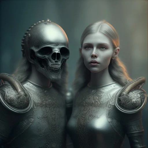 A viking boy and a girl, hr giger, scary, steam punk, realistic, made in octane, cinematic, ultra-realistic, extremely detailed octane rendering, 8K, VRAY Super Real ar 2:3, dof photorealistic futuristic 50mm lens hard lighting dark gray tintype photograph, realistic lighting, sepia color