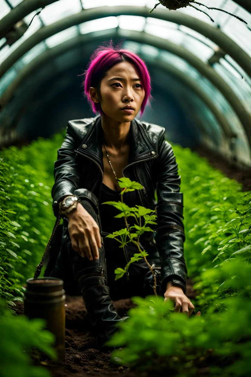 Unground solar punk tunnels, cinematic, dof background a, dystopian, sci-fi, award winning, Yui in a garden, National Geographic, breath taking, oxygen farm