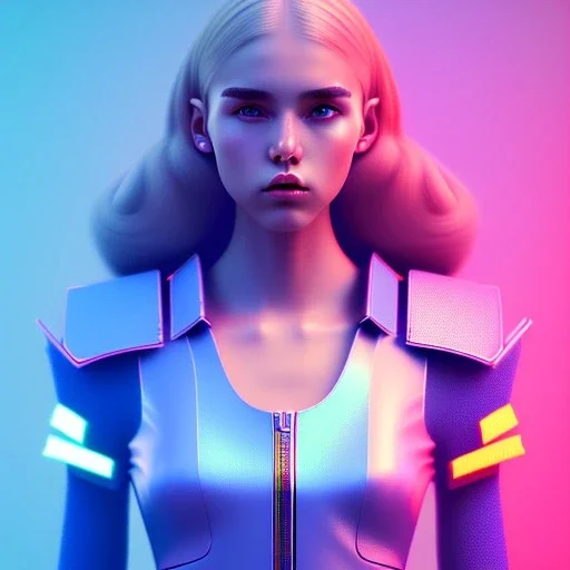 woman teenager, army design, retro futuristic, leather dress, gradient color, BLUE, PINK, CYAN, neon, insanely detailed, 16k resolution, perfect eyes, cinematic smooth, intricate detail