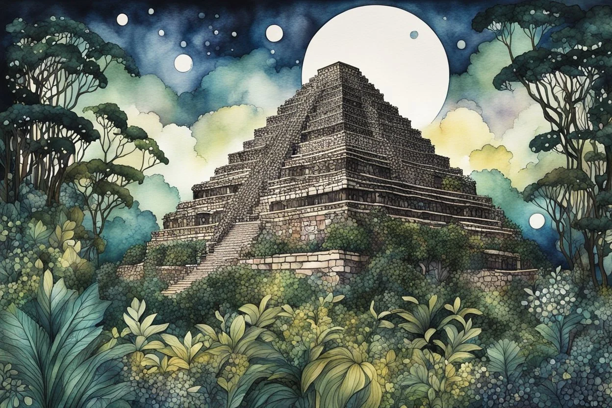 random watercolor Zentangle patterns in the styles of Gustav Klimt ,Wassily Kandinsky, Alphonse Mucha, and Kay Nielsen that depicts the crumbling ruins of an ancient Mayan pyramid, obscured by the overgrowth of the Yucatan jungle, bathed in moonlight, with fine ink outlining