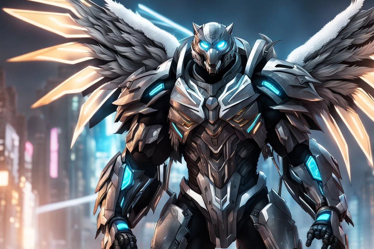 Cyber Machine volibear in 8k anime realistic drawing style, symbiote them, thunder, neon effect, close picture, snow, black wings, apocalypse, intricate details, highly detailed, high details, detailed portrait, masterpiece,ultra detailed, ultra quality